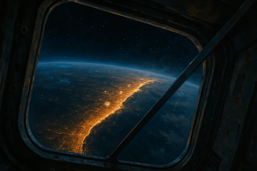 View through a launch vehicle window of Earth's curved horizon, with an unbroken line of city lights tracing the coastline below into the haze.