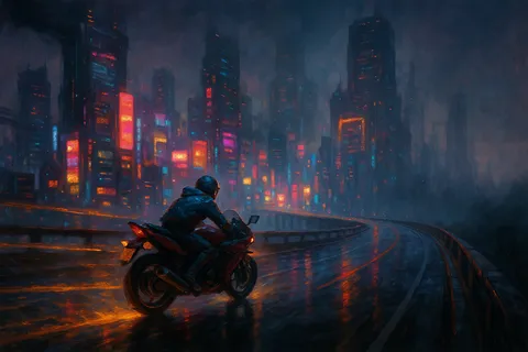 A motorcycle courier speeds along an elevated highway toward a glowing neon megacity skyline at night.
