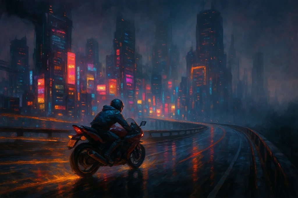 A motorcycle courier speeds along an elevated highway toward a glowing neon megacity skyline at night.