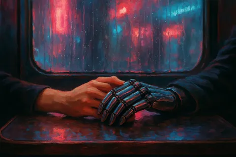 A close-up of two hands intertwined on a table, one of them an elegant chrome cybernetic hand, with neon reflections in a rain-streaked window behind.