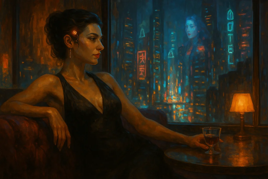 An elegant woman with a glowing neural-jack port at her temple relaxes in a high-rise lounge overlooking a neon city at night.