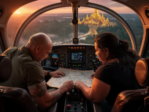 Two pilots study a paper map together in a sunlit cockpit as a golden temple city appears through the clouds ahead.