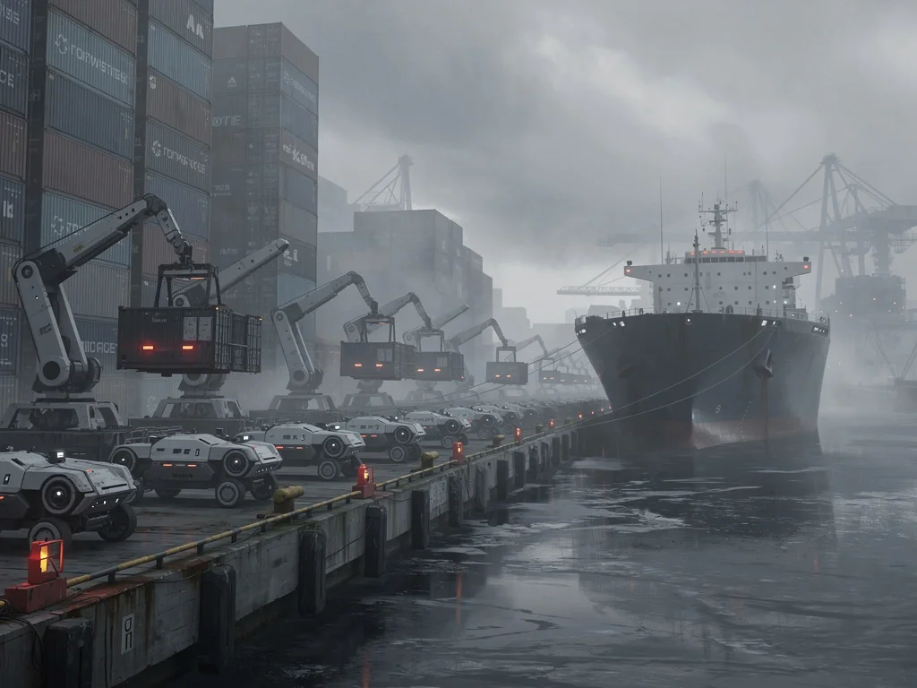 Rows of cargo drones and an autonomous freighter are loaded by robotic arms at an industrial dockyard under an overcast sky.