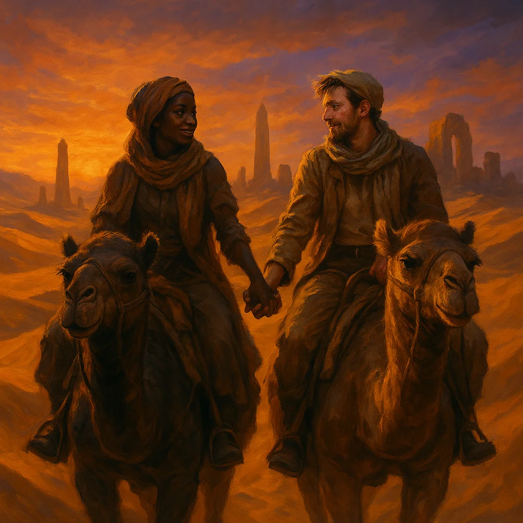 A Black woman and a man ride camels side by side across golden sand dunes at sunset, holding hands, with ancient stone obelisks rising in the distance.