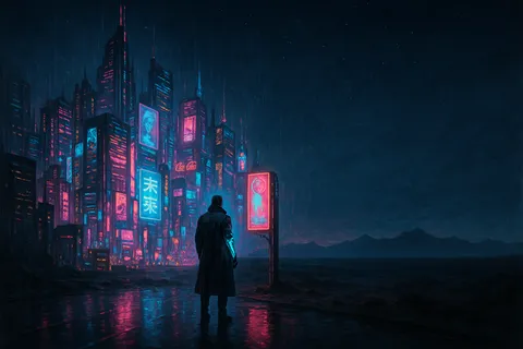 A lone figure in a long coat stands where a glowing neon megacity abruptly ends and dark open frontier begins.