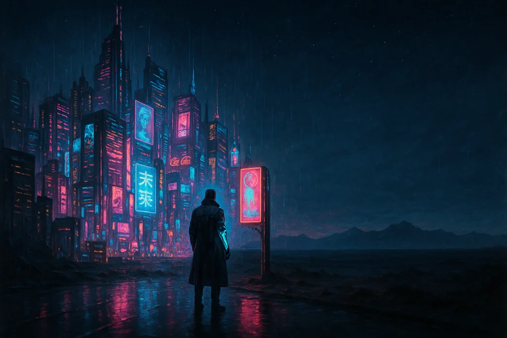 A lone figure in a long coat stands where a glowing neon megacity abruptly ends and dark open frontier begins.