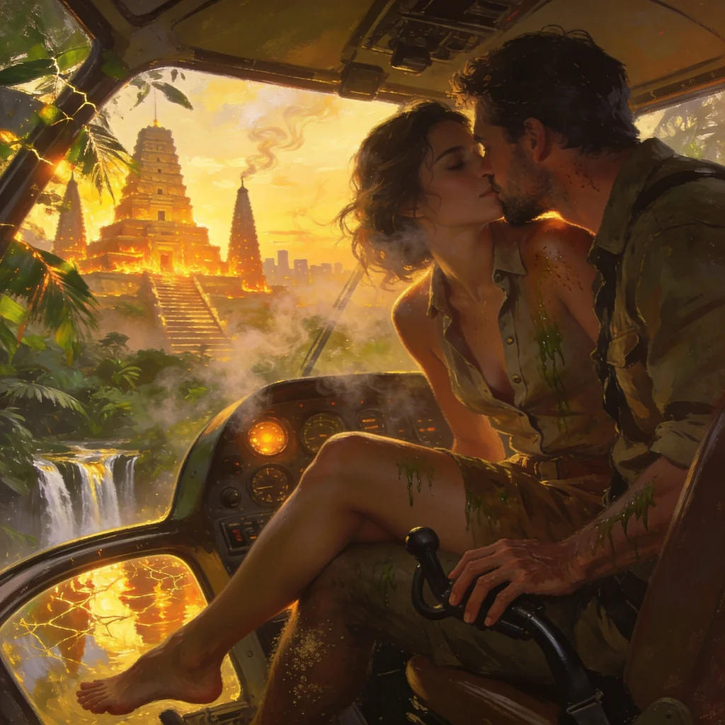 A couple shares a kiss inside a small aircraft cockpit as a golden step-pyramid temple glows through the windshield at dusk.
