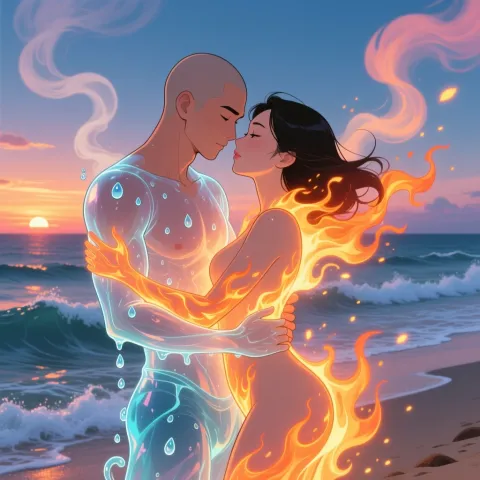 An illustrated water spirit and fire spirit hold each other face to face on a beach as smoke and embers drift around them.