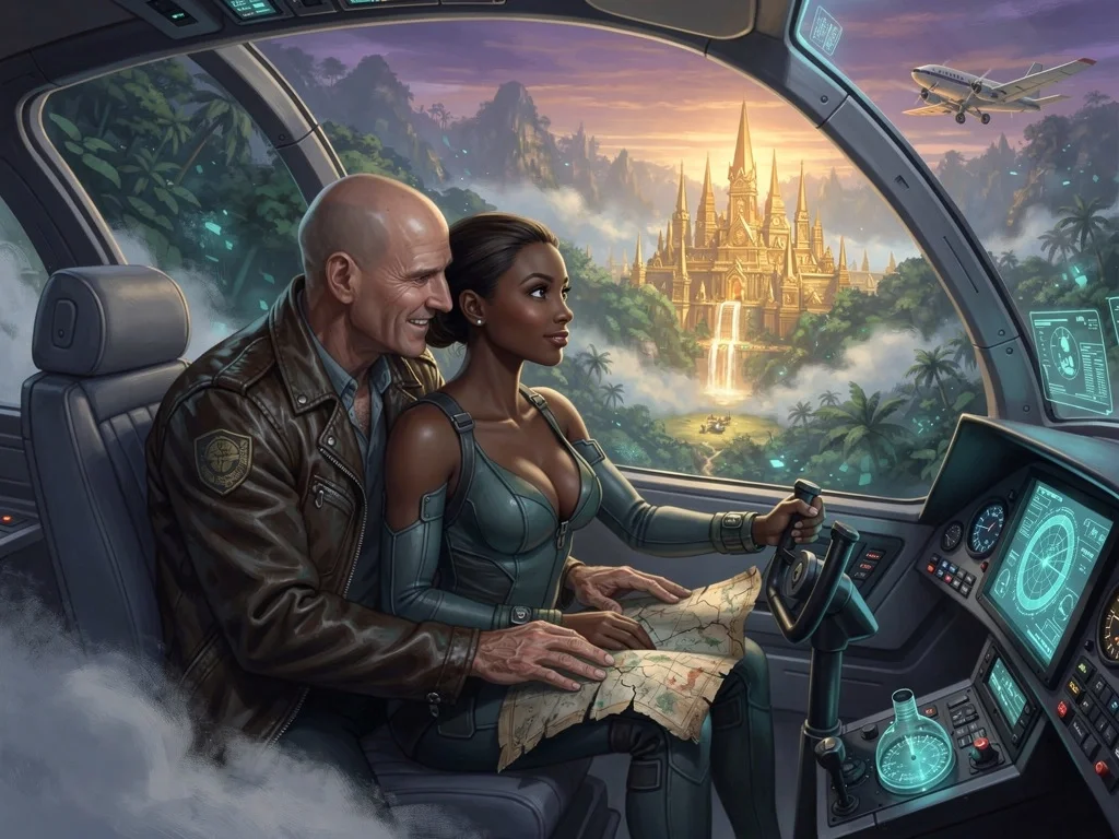Two pilots in a glowing futuristic cockpit watch a golden castle city emerge from the clouds as another aircraft passes in the distance.