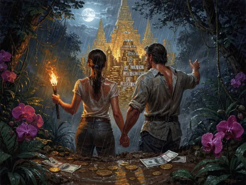 A couple holds hands by torchlight, looking up at a golden temple city glowing through the jungle canopy, orchids and scattered coins at their feet.