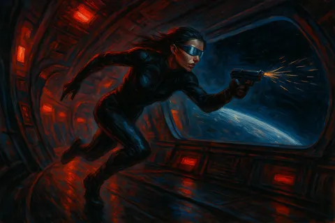 A woman with mirrored eye implants sprints down a glowing red space station corridor, firing a fletchette pistol behind her as a planet curves past the viewport.