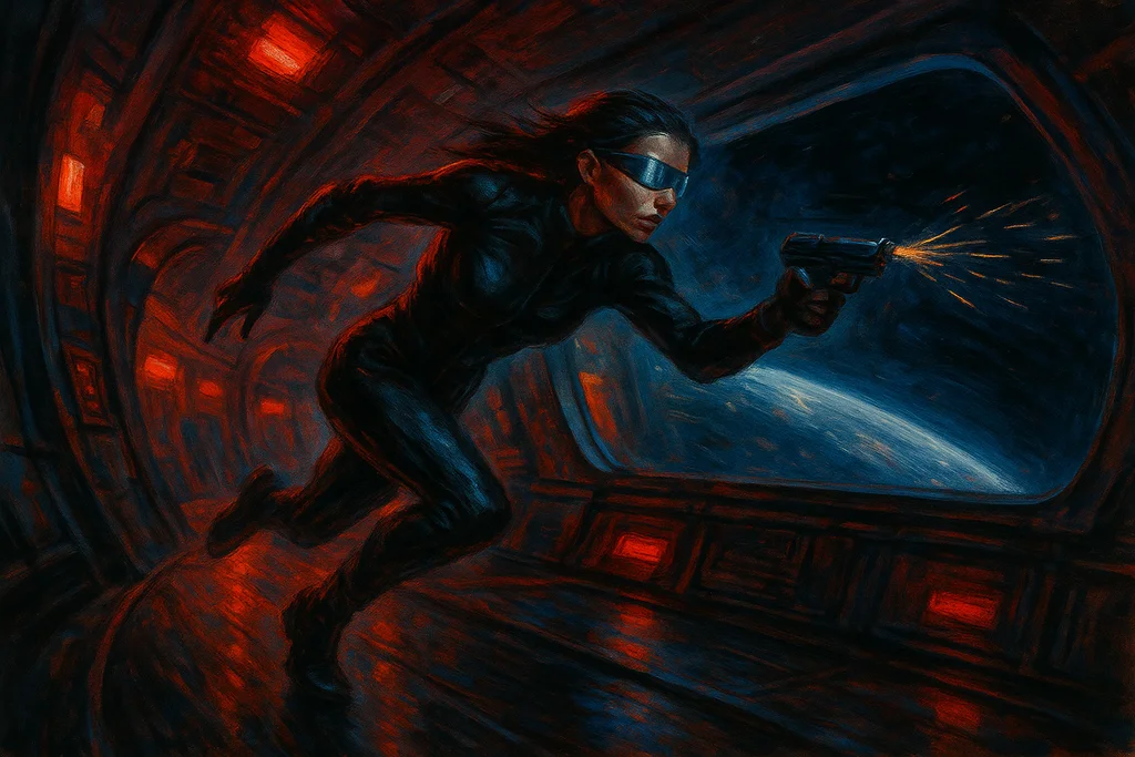 A woman with mirrored eye implants sprints down a glowing red space station corridor, firing a fletchette pistol behind her as a planet curves past the viewport.