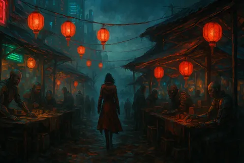 A woman in a long red coat walks through a lantern-lit night market at the ragged edge of a megacity, vendors with cybernetic limbs on either side.