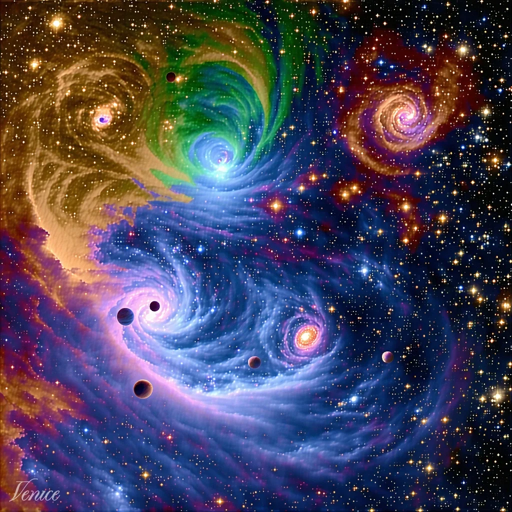 A cluster of spiral nebulae in green, gold, and violet swirling together against a dense starfield, dotted with dark planetary silhouettes.