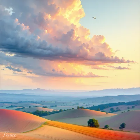 Warm rolling hills stretch toward the horizon beneath a glowing apricot cloud bank as a bird crosses the sunset sky.