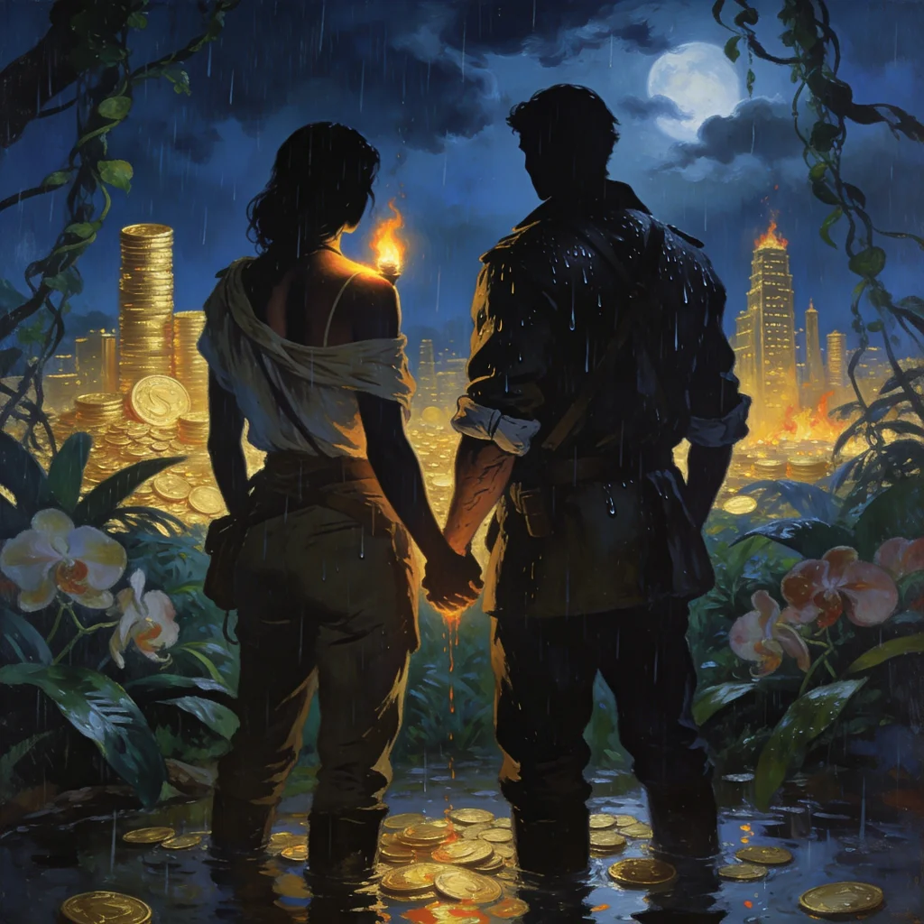 A silhouetted couple holds hands in the rain, gazing across a valley of stacked gold coins toward a glittering city skyline under the moon.