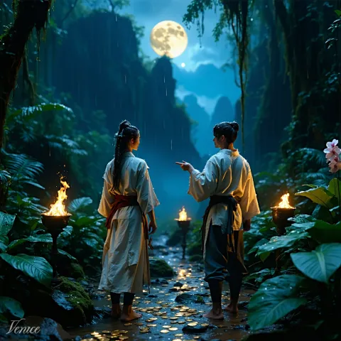 Two torch-bearing travelers walk a moonlit jungle path toward a glowing golden city under a full moon.