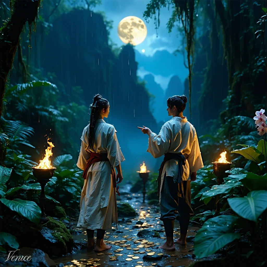 Two torch-bearing travelers walk a moonlit jungle path toward a glowing golden city under a full moon.