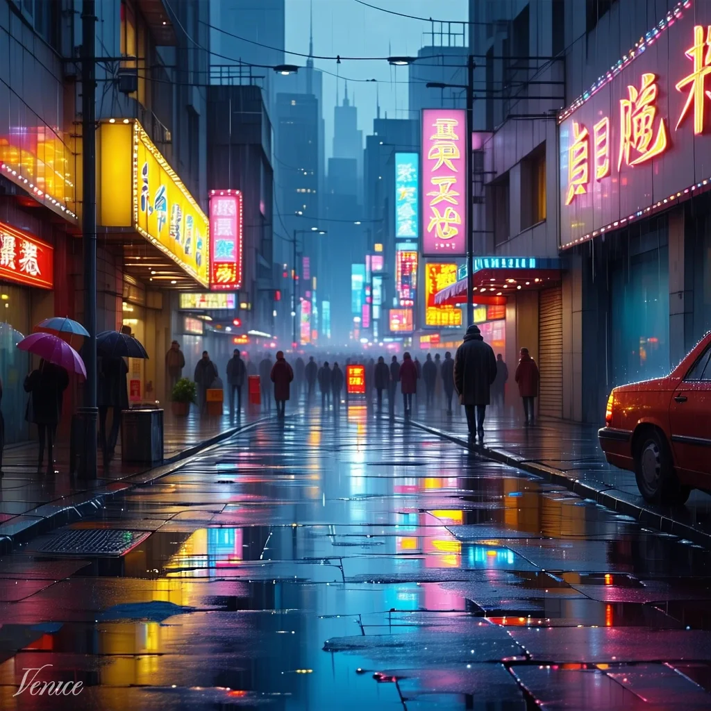 A lone figure walks down a wet neon-lit street past red lanterns, glowing signage, and a parked red car.