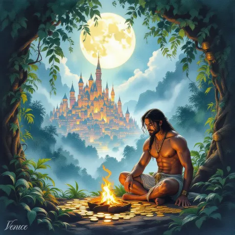 A figure sits cross-legged before a small campfire in a jungle clearing, watching a full moon rise over a distant golden castle.