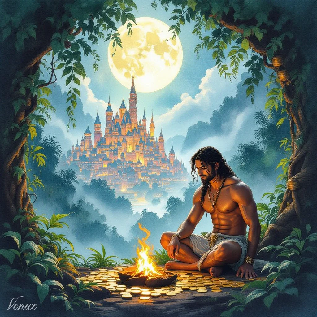 A figure sits cross-legged before a small campfire in a jungle clearing, watching a full moon rise over a distant golden castle.