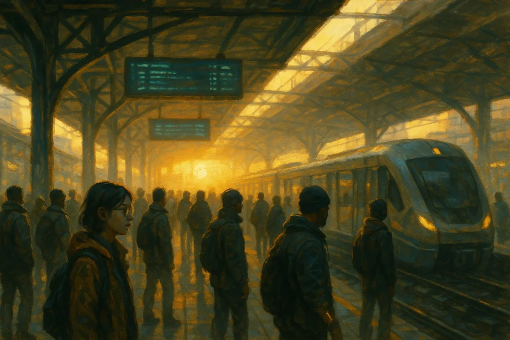 Commuters wait on a sunlit elevated train platform at dawn, golden light streaming through the station's steel girders.