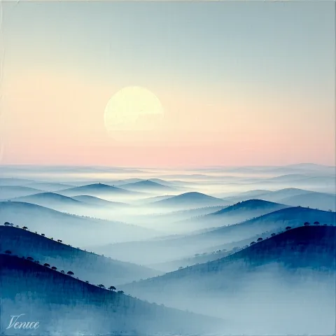 Layers of blue, fog-covered hills recede into the distance beneath a pale rising sun.