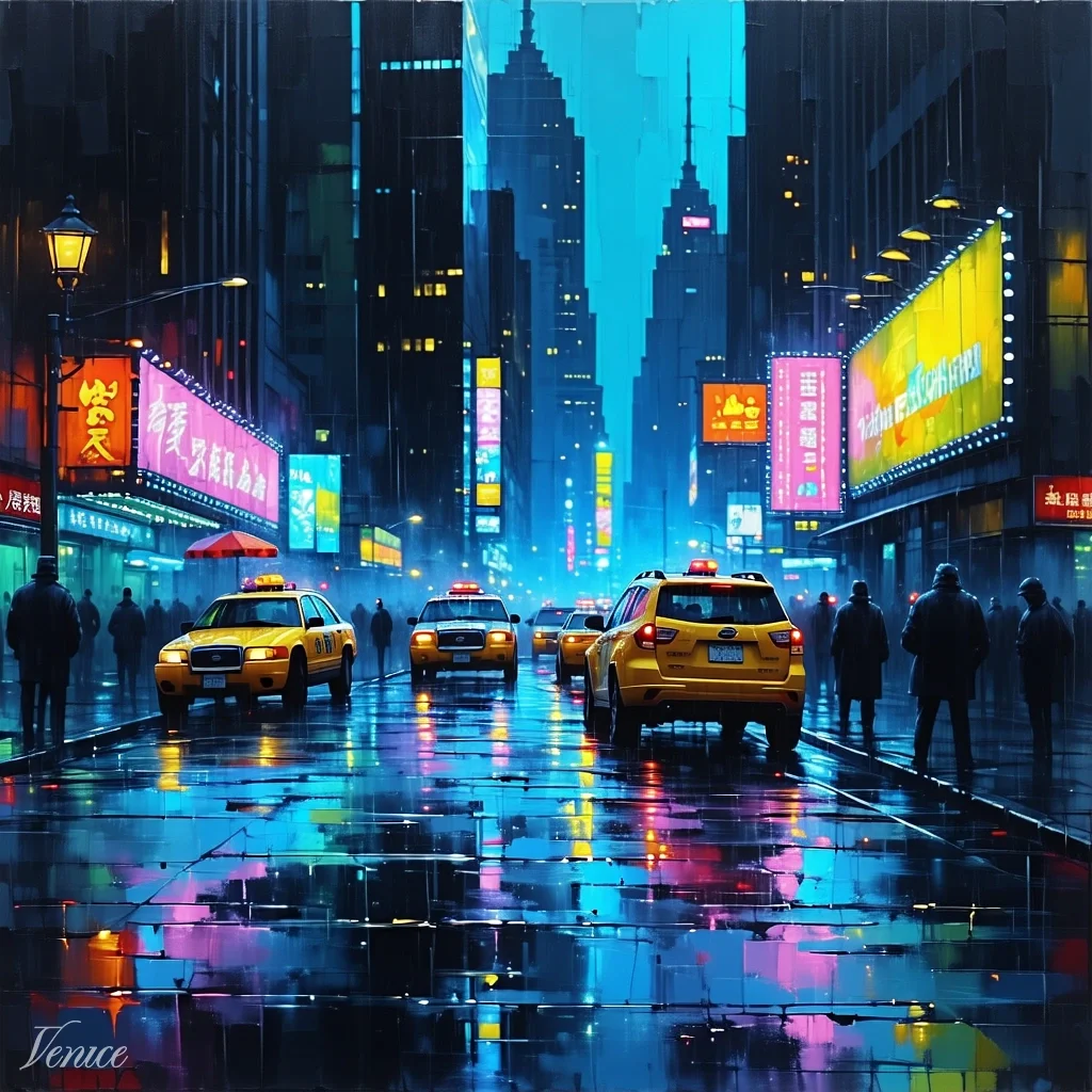 Yellow cabs crawl down a rain-slicked city avenue lined with glowing red and gold signage beneath a misty skyline.