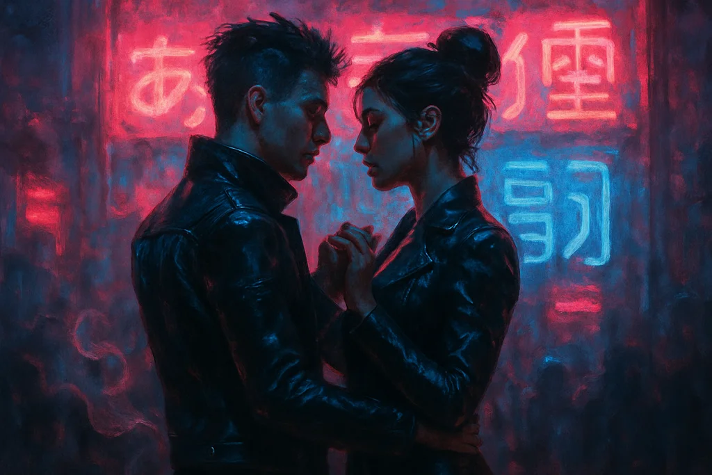 Two figures in sleek leather jackets dance close together against a wall of red and blue neon signage.