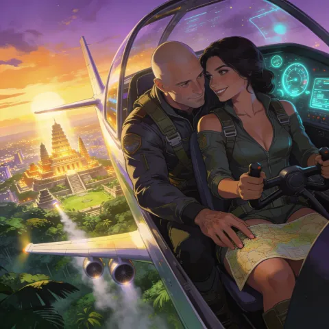 Two pilots lean close in a glowing cockpit as their aircraft banks toward a golden temple city silhouetted against the evening sky.