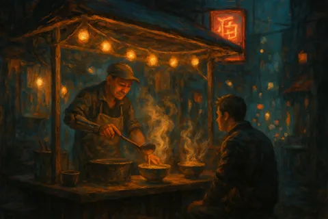 A street food vendor with a simple cybernetic arm serves noodles from a steaming stall lit by warm string lights at night.