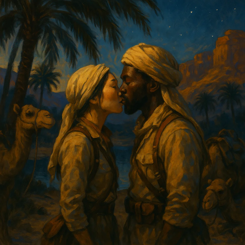 A couple shares a kiss beneath palm trees at a desert oasis at dusk, their camels resting beside a still pool with sandstone cliffs and stars above.