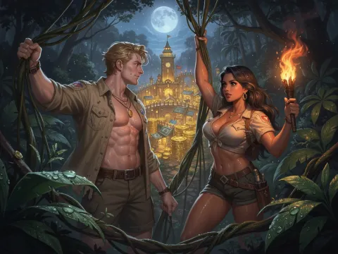 Two adventurers in a jungle clearing point toward a golden temple city glowing on the horizon at dusk.