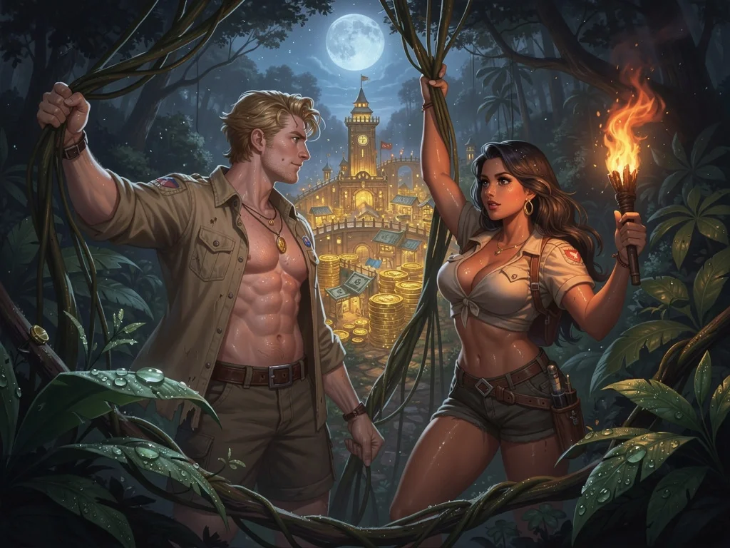 Two adventurers in a jungle clearing point toward a golden temple city glowing on the horizon at dusk.