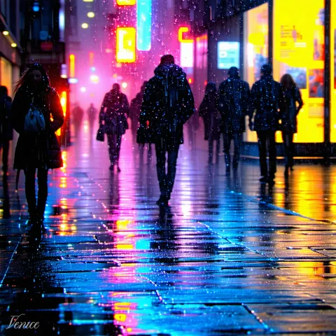 Silhouetted pedestrians cross a glistening sidewalk under pink and blue neon storefronts in the rain.