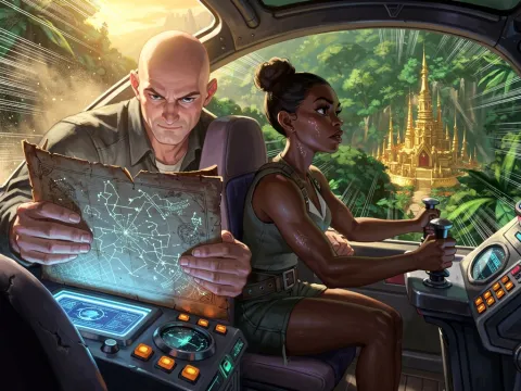 A pilot studies a cracked holographic map while his co-pilot flies low over the jungle canopy toward a distant golden temple city.