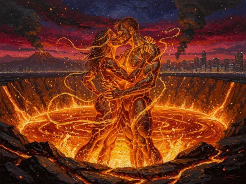 A silhouetted couple embraces at the rim of a glowing volcanic crater beneath a blazing orange sunset.