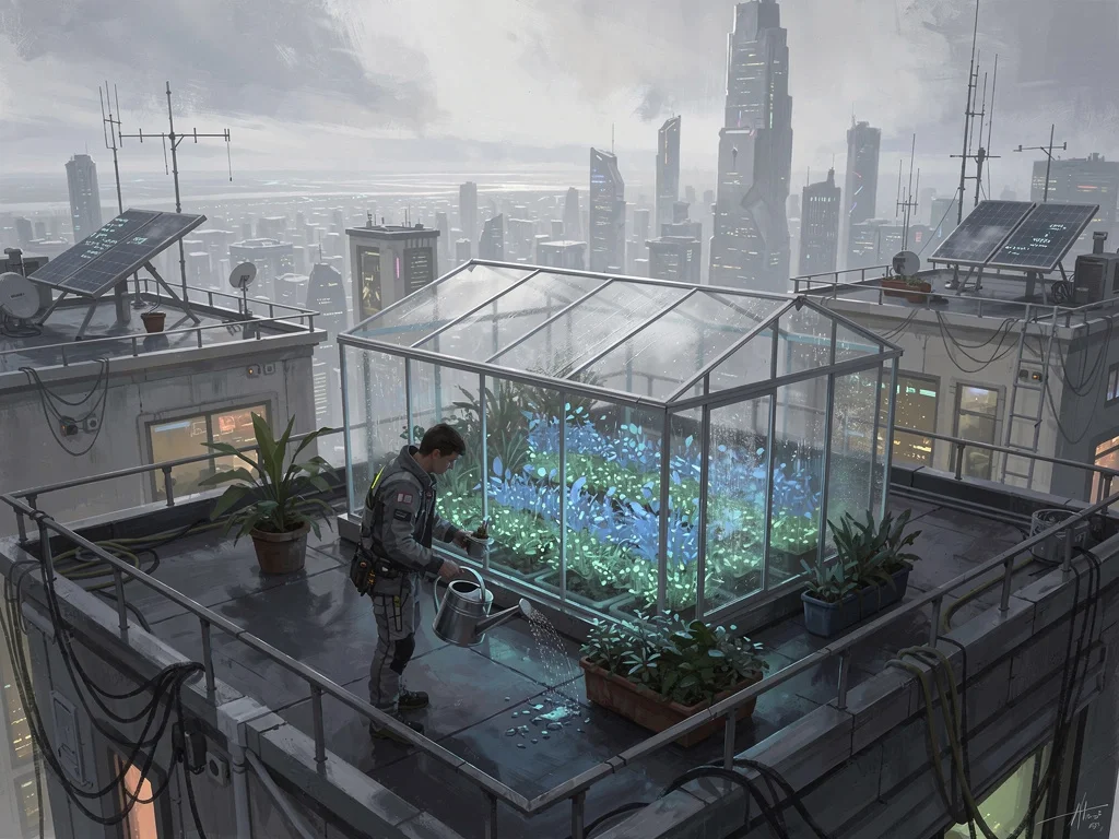 A figure tends a small greenhouse of bioluminescent plants on a rooftop, with a hazy daytime megacity skyline behind.