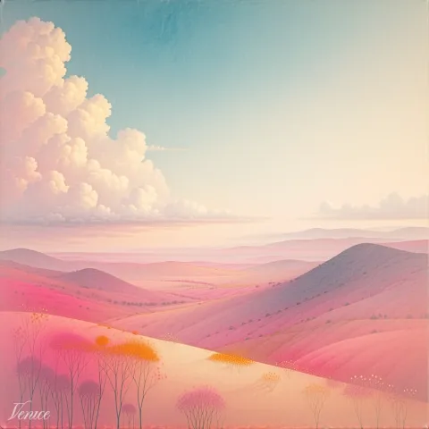 Soft pink and magenta hills roll beneath a single puffy cloud and a pale blue sky in a painterly dreamscape.