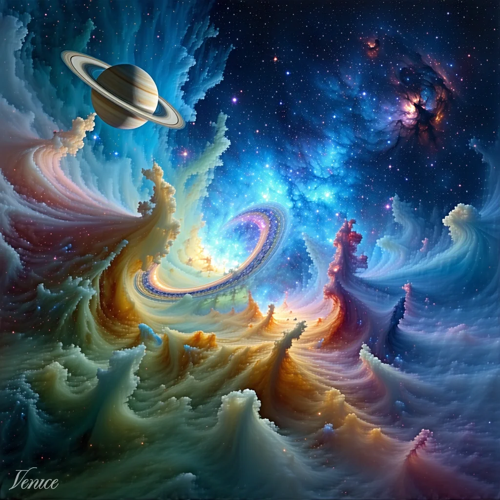 Wisps of golden and rose-colored nebula clouds curling like waves beneath a ringed planet and a distant crimson star cluster.