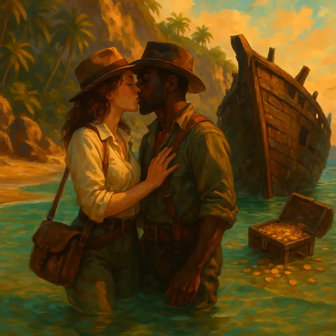 A couple shares a kiss while wading through shallow turquoise water beside the half-buried hull of an ancient shipwreck and a spilled treasure chest.
