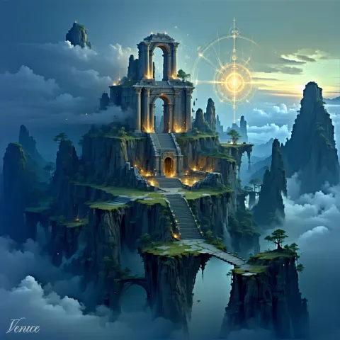 A tiered temple crowned by a glowing sun emblem sits atop floating stone islands above a sea of clouds.