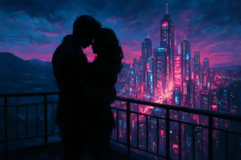 Two silhouetted figures embrace closely on a rooftop terrace overlooking a glowing neon megacity skyline at night.