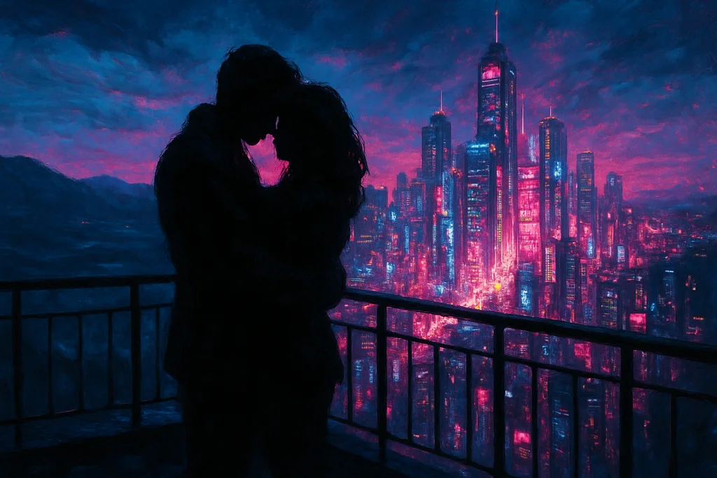 Two silhouetted figures embrace closely on a rooftop terrace overlooking a glowing neon megacity skyline at night.