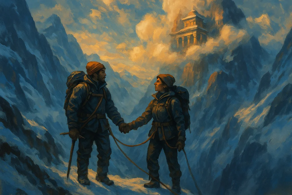 Two roped-together climbers hold hands on a narrow snowy ridge high in the mountains, an ancient temple perched on a cliff above the clouds ahead.