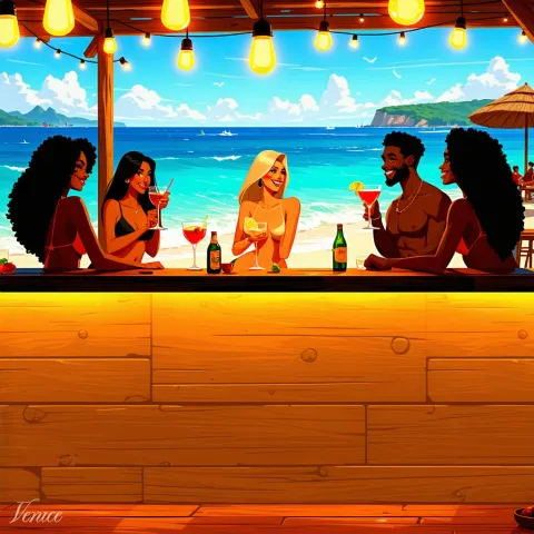 Friends gather at a tropical beach bar strung with lights, drinks in hand, as the ocean glows at sunset.