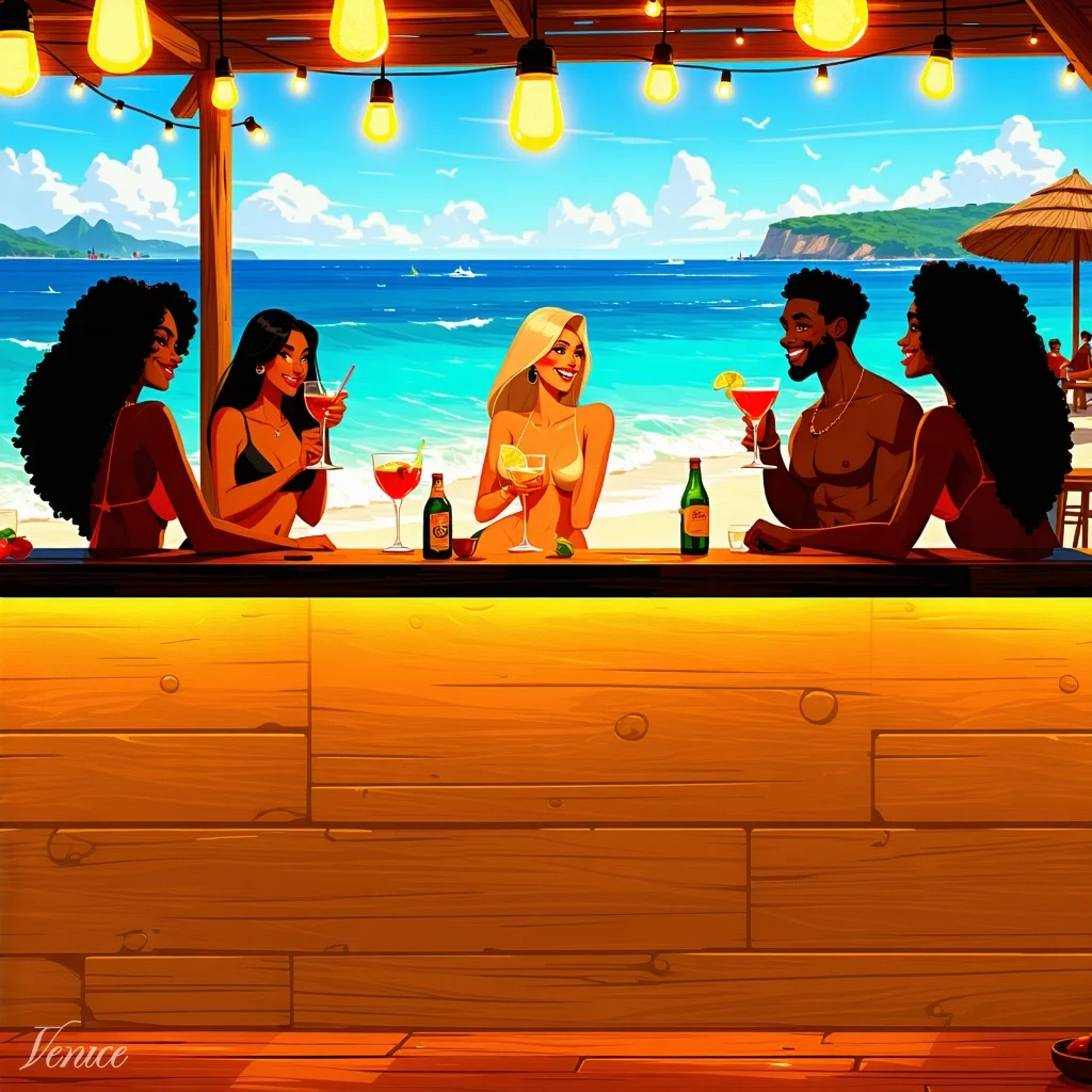 Friends gather at a tropical beach bar strung with lights, drinks in hand, as the ocean glows at sunset.