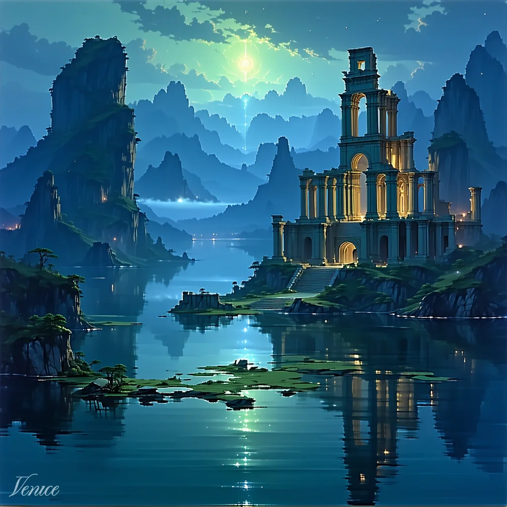 A moonlit ruined spire rises from a cliffside above still water, its windows glowing gold amid mist-wrapped mountains.