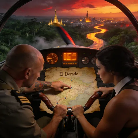 A pilot and navigator study a hand-drawn map marked "El Dorado" in their cockpit, a golden temple city rising ahead beyond a winding river.