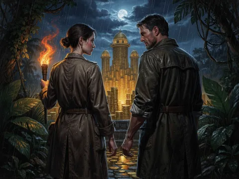 A couple in traveling coats stands hand in hand in the rain, gazing up at a golden temple city glowing beneath a full moon.
